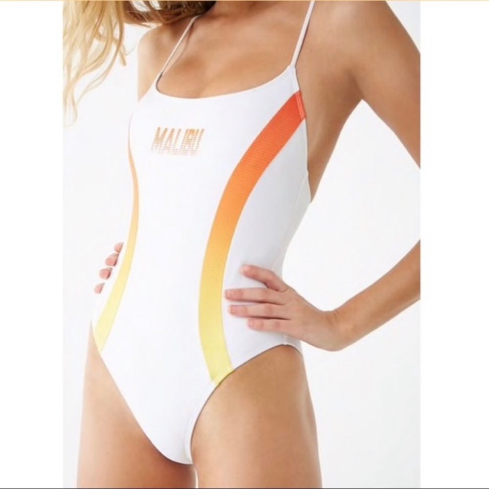 FOREVER 21 White Orange Malibu Graphic One Piece Swimsuit NEW - Picture 1 of 14